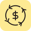 Ein Dollarzeichen, umgeben von drei kreisförmigen Pfeilen auf gelbem Hintergrund, symbolisiert den Finanzkreislauf oder Geldfluss.