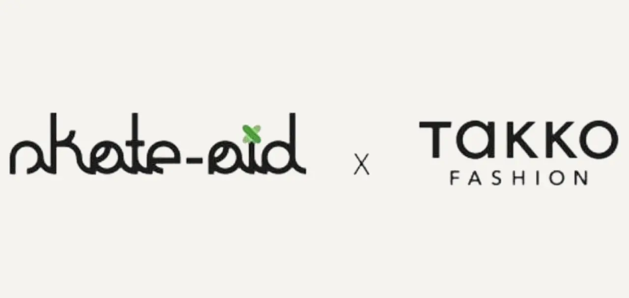 Logo für skate-aid in stilisiertem schwarzen Text mit grünem Akzent, daneben ein schwarzes X und das TAKKO FASHION-Logo in fetten schwarzen Buchstaben auf weißem Hintergrund.