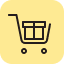 Ein einfaches schwarzes Einkaufswagensymbol mit einer Box darin, angezeigt auf einem gelben Hintergrund mit abgerundeten Ecken.