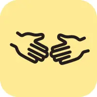 Zwei Hände mit schwarzen Umrissen stehen einander gegenüber auf einem abgerundeten gelben quadratischen Hintergrund und ähneln einer Geste der Kommunikation oder Verbindung.