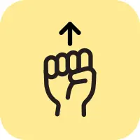 Der schwarze Umriss einer geschlossenen Faust mit gekrümmten Fingern auf gelbem Hintergrund. Über der Faust befindet sich ein nach oben zeigender Pfeil, der eine Bewegung oder Richtung nach oben anzeigt.