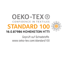 Logo für die OEKO-TEX Standard 100-Zertifizierung mit dem Text „OEKO-TEX Textiles Vertrauen, STANDARD 100“ und Zertifizierungsdetails. Auf der rechten Seite befindet sich ein kreisförmiges Emblem mit einem eingewebten Muster.