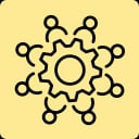 Der schwarze Umriss eines Zahnrads, umgeben von sechs abstrakten menschlichen Figuren in kreisförmiger Anordnung auf gelbem Hintergrund, symbolisiert Teamwork und Zusammenarbeit.