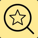 Ein schwarzes Lupensymbol mit einem Stern in der Linse vor gelbem Hintergrund.