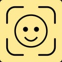 Ein schwarzes Smiley-Gesicht in einem runden Rahmen, umgeben von vier Eckklammern auf gelbem Hintergrund, das einem Symbol zur Gesichtserkennung oder Gesichtserfassung ähnelt.