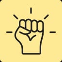 Der schwarze Umriss einer erhobenen geballten Faust mit davon ausgehenden Linien symbolisiert Stärke, Ermächtigung oder Solidarität auf einem hellgelben Hintergrund mit abgerundeten Ecken.