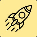 Ein einfacher schwarzer Umriss eines Raketenschiffs mit drei Flossen und Leitwerken, dargestellt auf einem hellgelben Hintergrund mit abgerundeten Ecken.