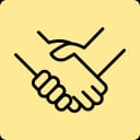 Eine einfache schwarze Strichzeichnung von zwei schüttelnden Händen auf hellgelbem Hintergrund, die Übereinstimmung oder Partnerschaft symbolisiert.