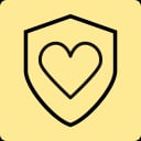 Der schwarze Umriss eines Herzens in einem Schild auf hellgelbem Hintergrund symbolisiert Schutz, Fürsorge oder Krankenversicherung.