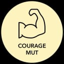 Eine einfache schwarze Umrisszeichnung eines angespannten Bizeps in einem beigen Kreis mit den Wörtern COURAGE und MUT unterhalb des Arms.